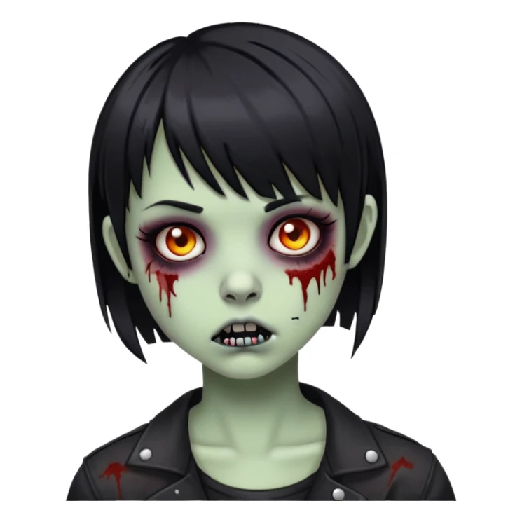 zombie girl with a black short hair, middle bangs, labret piercing, and emo style sticker