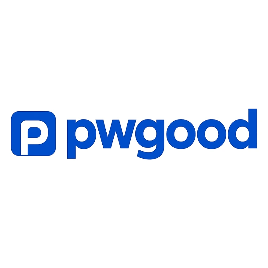 modern logo for 'pwgood' with bold sans-serif lettering, blue and white color scheme sticker