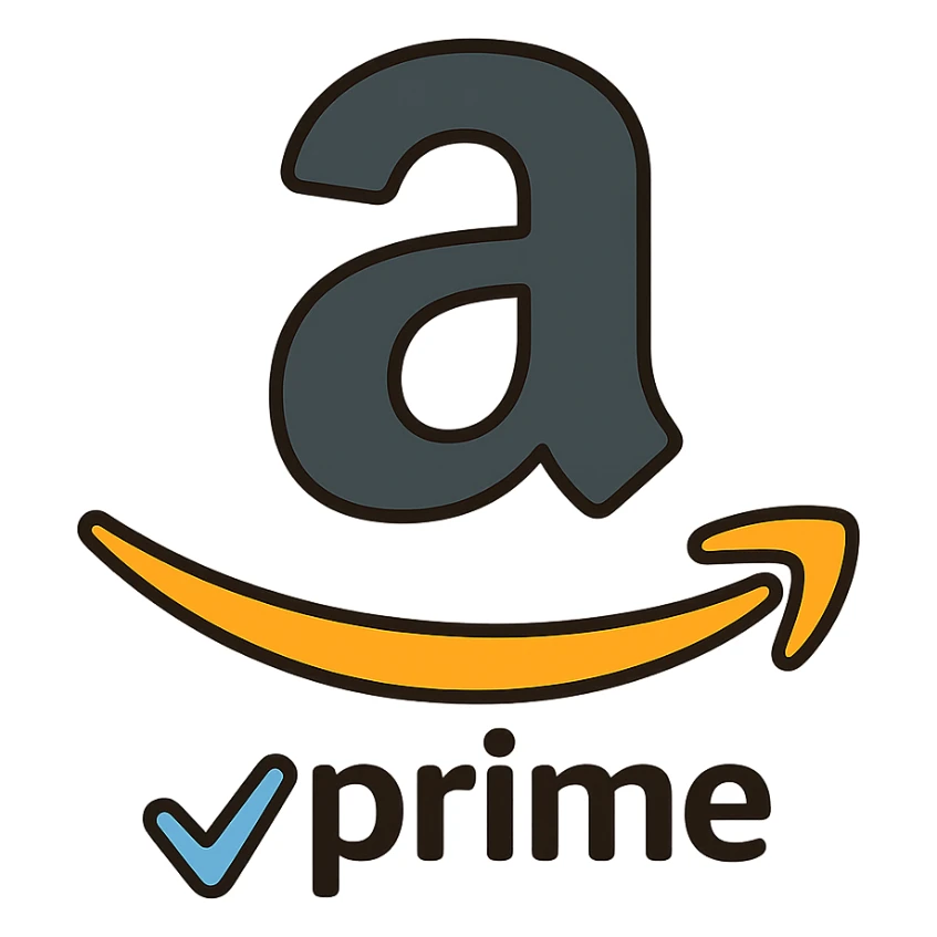 Add an Amazon Prime element such as a blue checkmark or 'Prime' swoosh to the Amazon logo inspired icon. Keep the style modern and simple with no background. sticker
