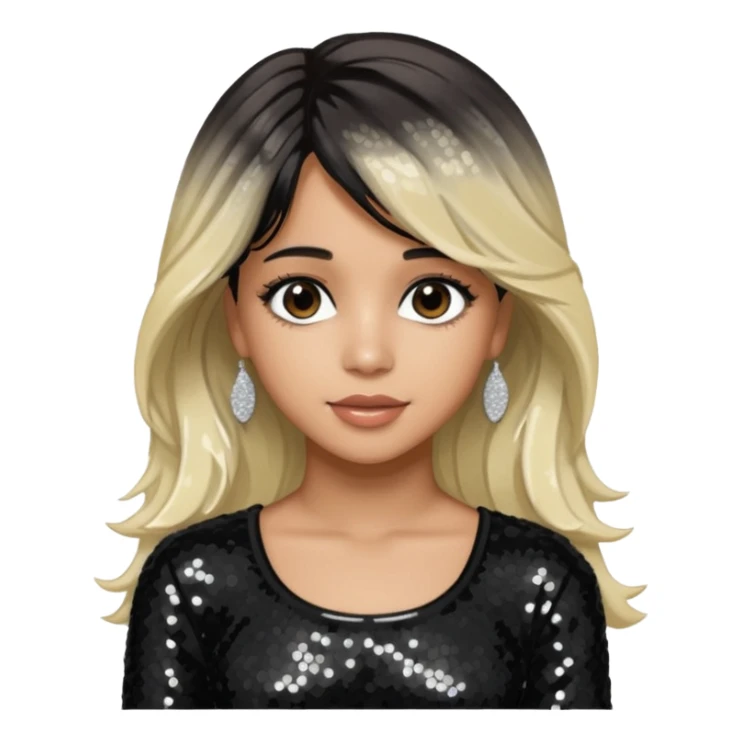 Camila Cabello from Fifth Harmony with long dark brown with platinum blonde highlights hair, black sequin outfit sticker