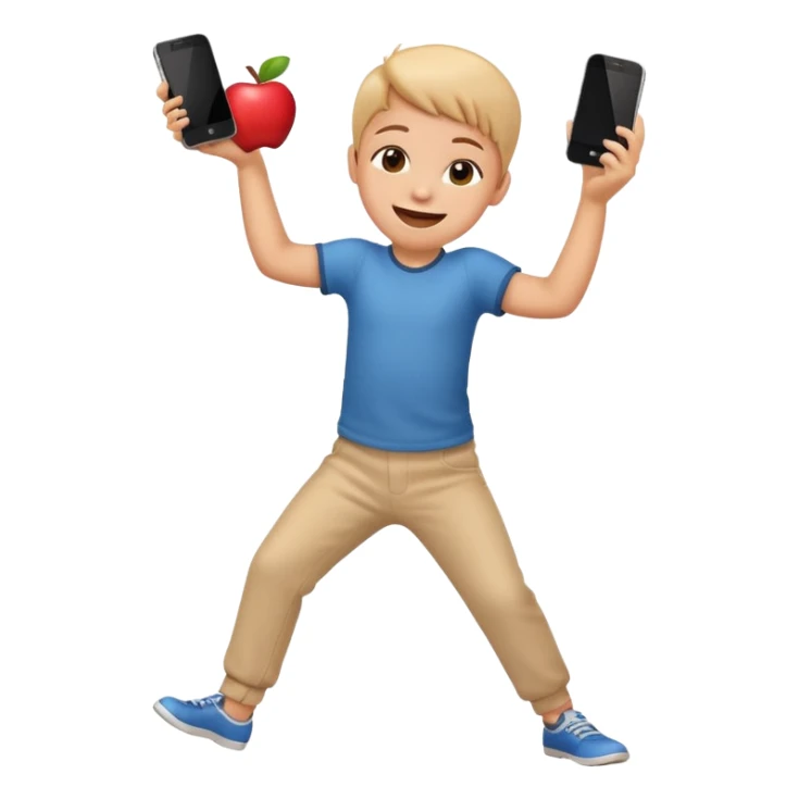 happy child dancing with a phone, leaning back, apple style emoji sticker
