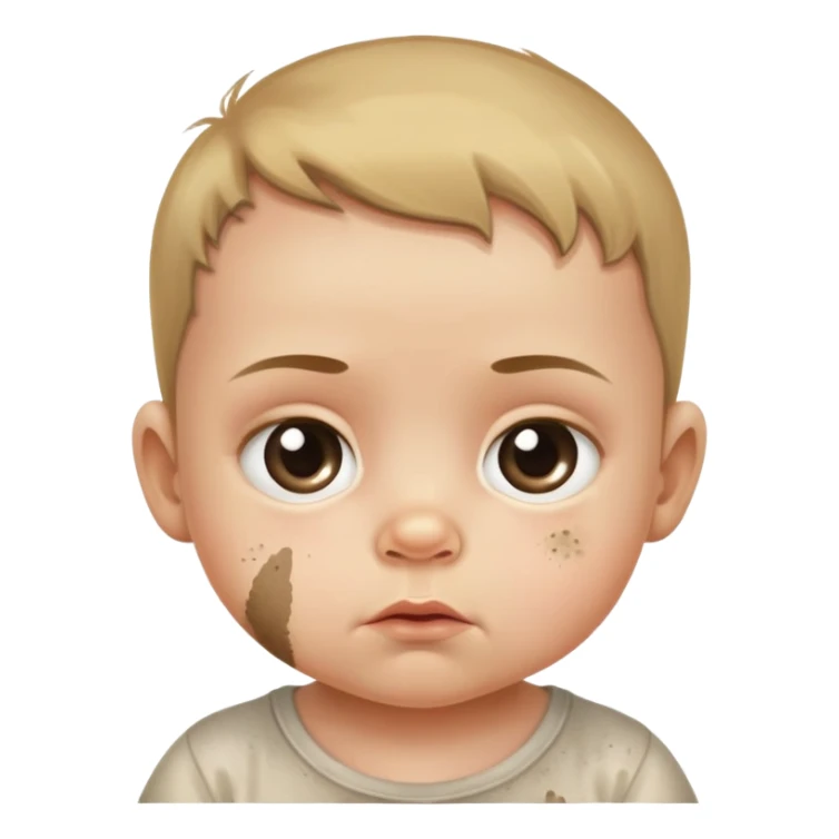 baby with suspicious expression and dirt smudges on cheeks sticker