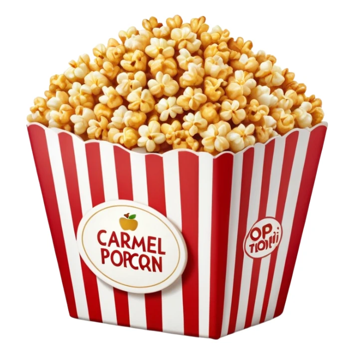 large package of caramel popcorn, red and white vertically striped package with thick stripes, golden brown caramel popcorn visible at the top, no text or labels on package, only stripe pattern, authentic Apple emoji style with glossy finish, prominent package size sticker