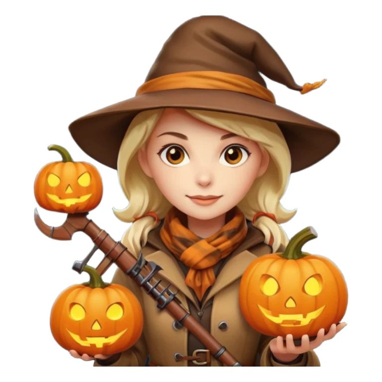 female human monster hunter emoji, wearing brown coat and hat, holding crossbow, soft smile, scarf, glowing pumpkin by her side, Halloween fantasy style, clean vector Apple emoji look, bright colors, white background, square sticker
