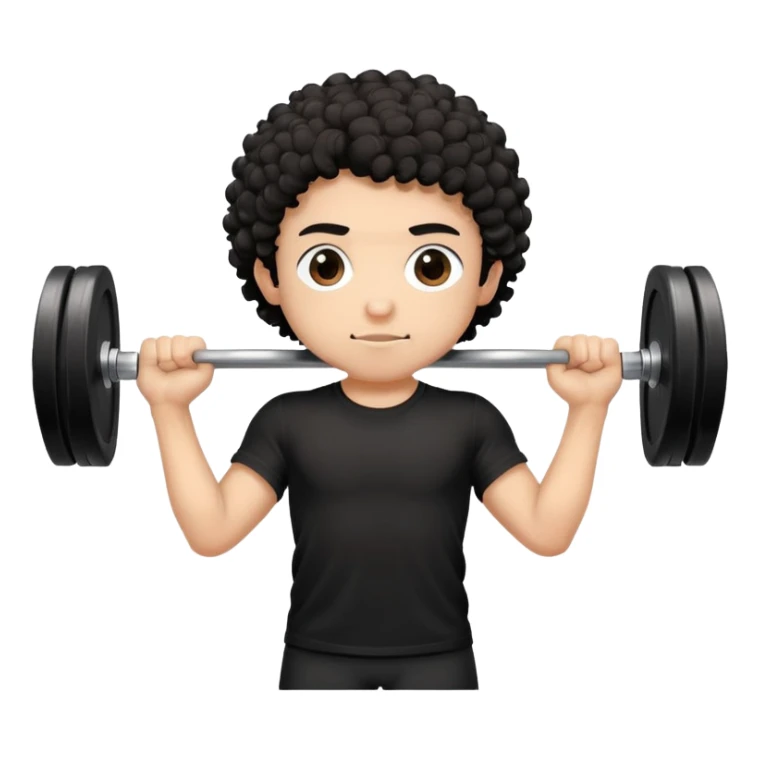 a boy with black curly hair, with black T-shirt is doing barbell training sticker