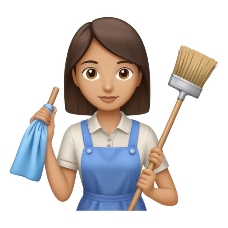Cleaning supplies, including a broom, mop, and cleaning cloth sticker