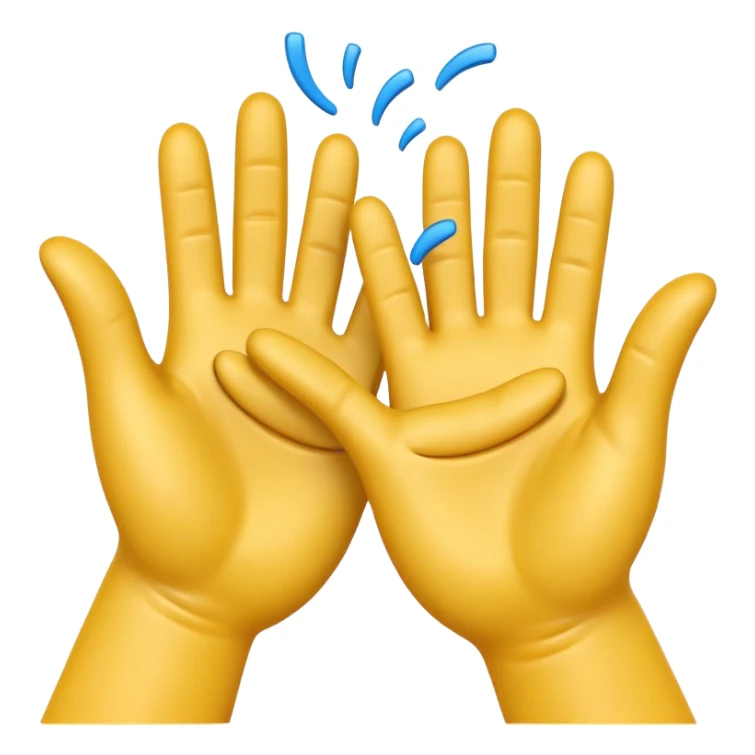 A 3D Apple-style emoji showing two different cartoon hands clapping together in a fun "high five / slap" gesture, only hands visible, with small motion lines and cheerful energy around, colorful and playful design sticker