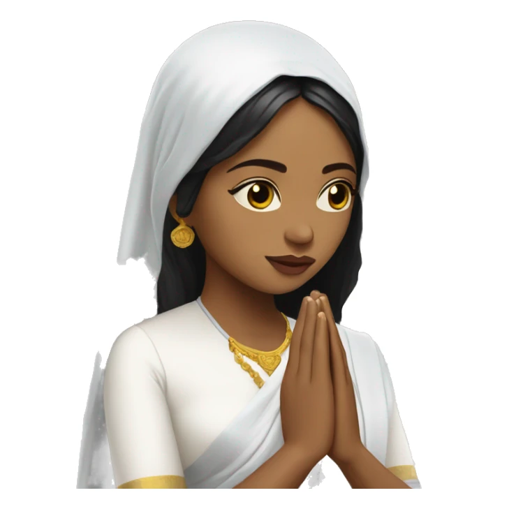 Light skin ;Black long hair wearing white saree praying infront a white temple sticker