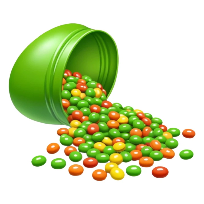 Skittles candy package spilling all green round candies, same package design but only green Skittles sticker