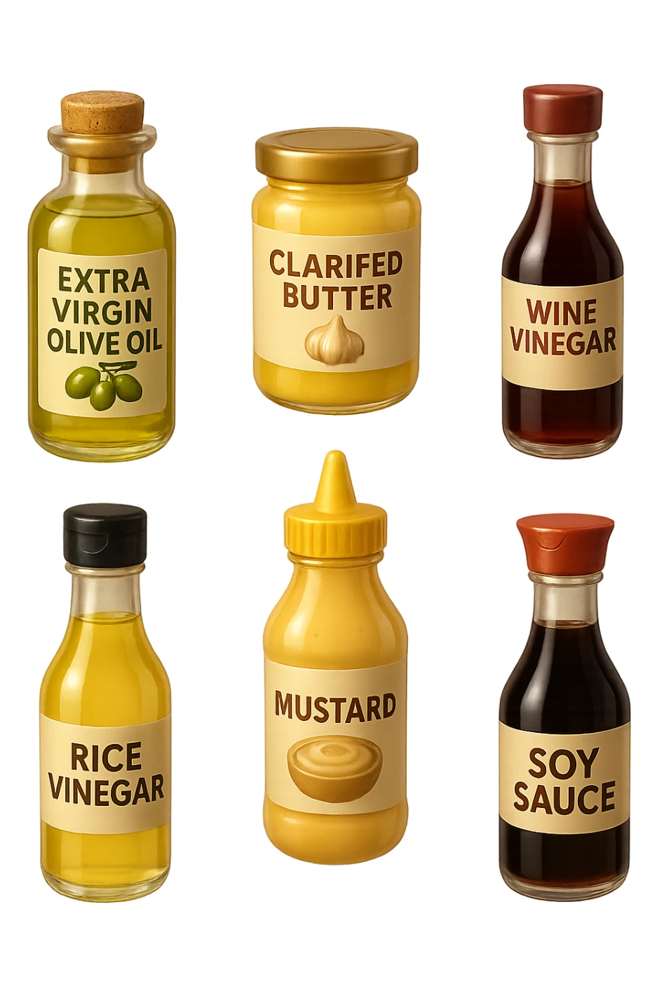 emoji stile iphone 3d di questi elementi che fluttuano in aria:

Olio extravergine d’oliva, burro chiarificato
Olio all’aglio (senza pezzetti)
Aceto di vino, aceto di riso, senape, tahin
Salsa di soia fermentata (senza aglio/cipolla)


 che fluttuano sparse casualmente in aria, iperealistico 4k sticker