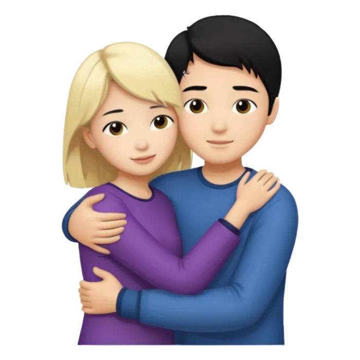 asian boy with black hair and blonde girl hugging sticker