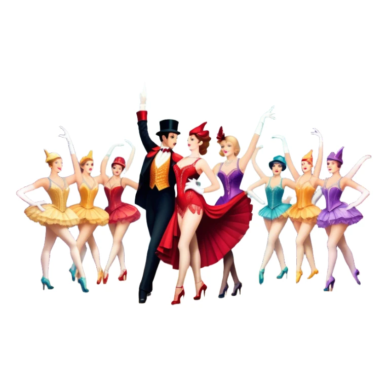 A vintage movie poster-style design inspired by Moulin Rouge. Include glamorous cabaret dancers in extravagant costumes, a colorful stage, sparkling lights, and a sense of drama. The atmosphere should be vibrant, with musical notes in the air. Retro cinematic style. Transparent background. sticker