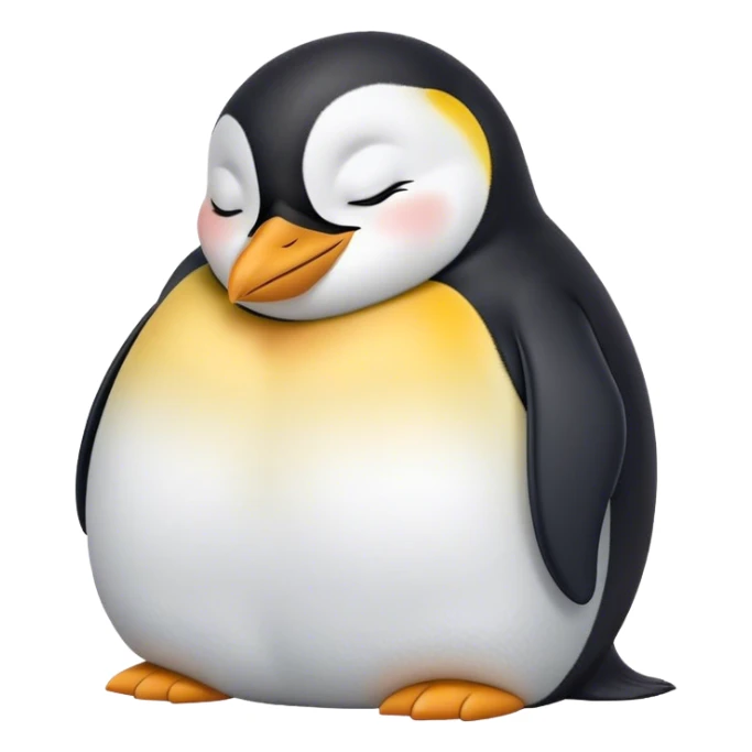 Meme-Worthy cute Sleeping Emperor Penguin Portrait Emoji, Head resting peacefully with a contented smile, showcasing luxuriously soft feathers and a serene, slumbering gaze, Simplified yet hilariously adorable features, highly detailed, glowing with a soft, drowsy polar light, high shine, relaxed and utterly lovable, stylized with an air of playful laziness, bright and heartwarming, soft glowing outline, capturing the essence of a comically sleepy emperor that feels destined to become the next viral sensation of adorable rest! sticker