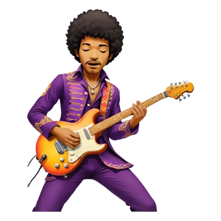 Icon for Rock Music: Jimi Hendrix playing his iconic guitar on stage, surrounded by his band. The design should capture the electrifying energy of his performance with vibrant lighting, swirling colors, and musical intensity. Transparent background. sticker