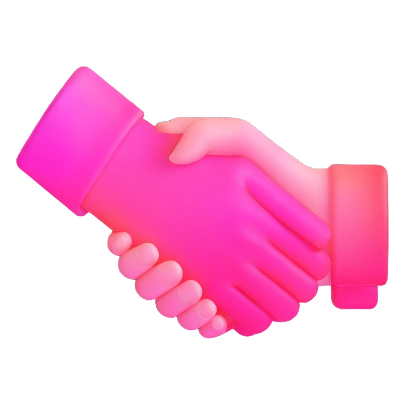 handshake, transparent glass with bright pink gradient from #FF335F to #FF99AA, soft glow and shadows, minimalistic sticker