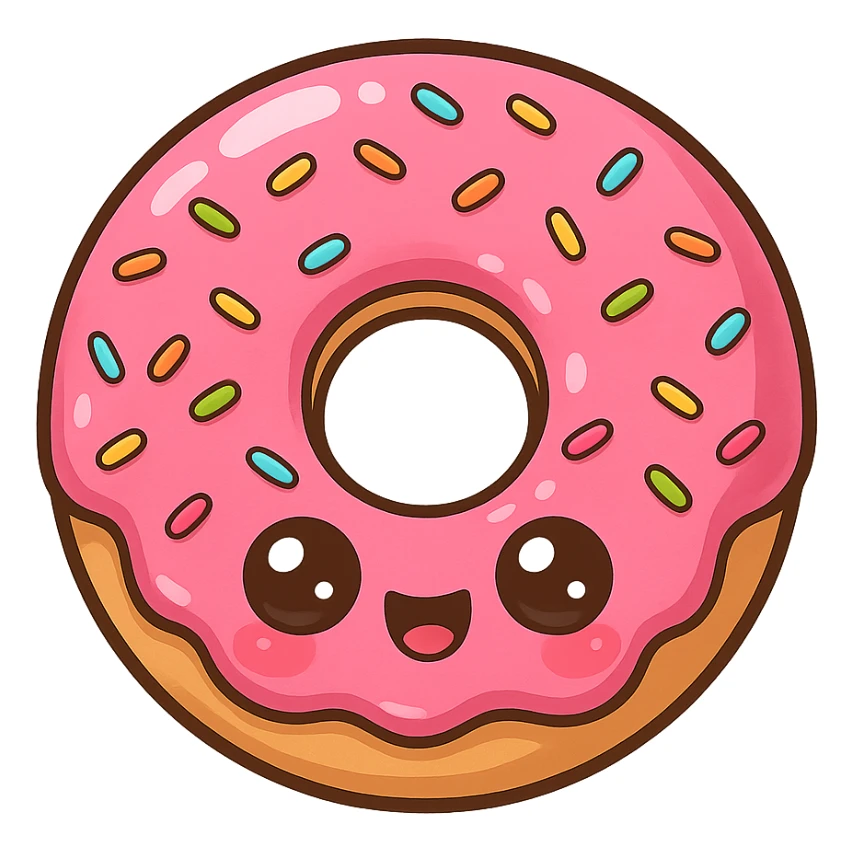 a cute pink donut, original design, big eyes, blushing cheeks, joyful sticker