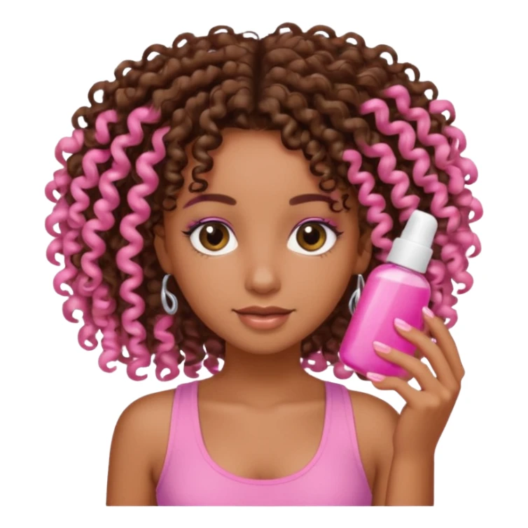 Uma menina com o cabelo cacheado é morena, e com uma regata rosa com unha em gel, é com Baby hair.  sticker