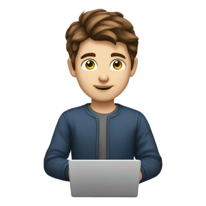 young fair-skinned guy programmer use laptop with brown hair sticker