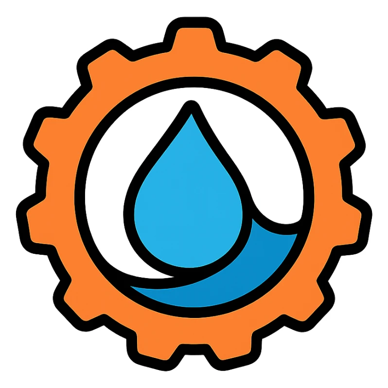 modern tech-inspired logo for a Rust parser that parses Shopify's Liquid language, incorporating elements of the Rust logo gear and orange color, with a droplet or wave representing Liquid, clean and professional style sticker