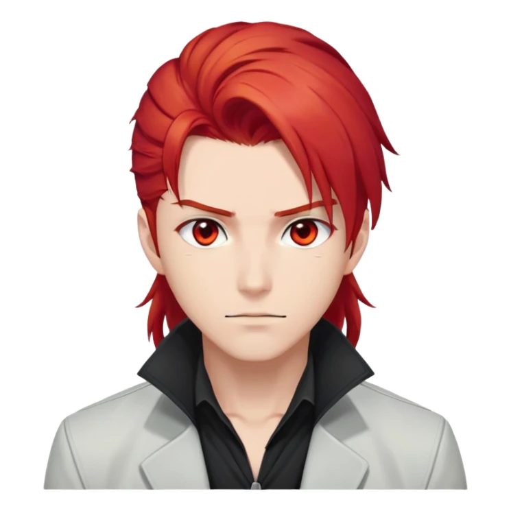 Handsome gorgeous anime man with bright-red hair, thick long ponytail, red eyes, white shirt, black jacket, stone face sticker