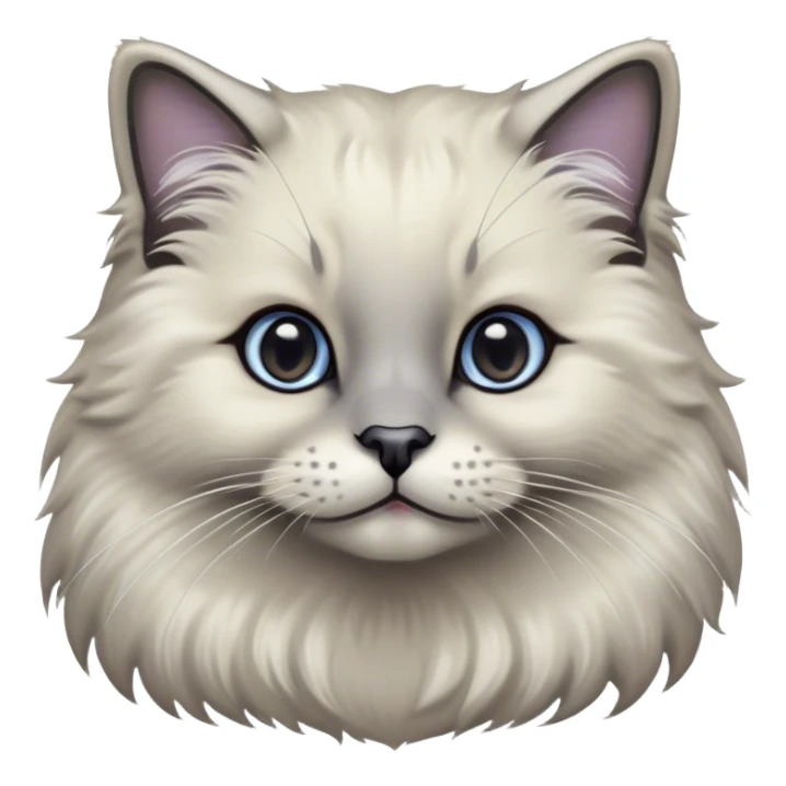 Cinematic Adorable Fluffy Grey Seal Ragdoll Cat Portrait Emoji, Head tilted gracefully with large, sparkling eyes, soft grey fur with darker seal points on the ears, face, and paws, Simplified yet majestic features, highly detailed, glowing with a soft, warm glow, high shine, calm and affectionate, stylized with a touch of elegance, bright and endearing, soft glowing outline, capturing the essence of a regal and loving kitty, so serene it feels like it could glide across the screen with its dignified presence! sticker