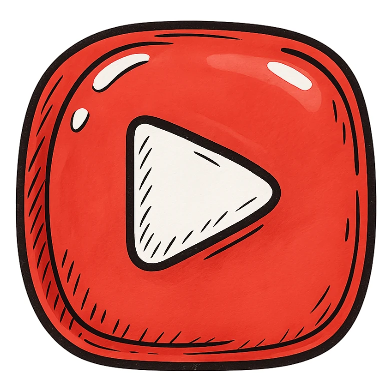rounded inflated YouTube logo painted red, clear black outlines, dimensional shadows, glossy highlights, no background, playful juicy outlined style sticker