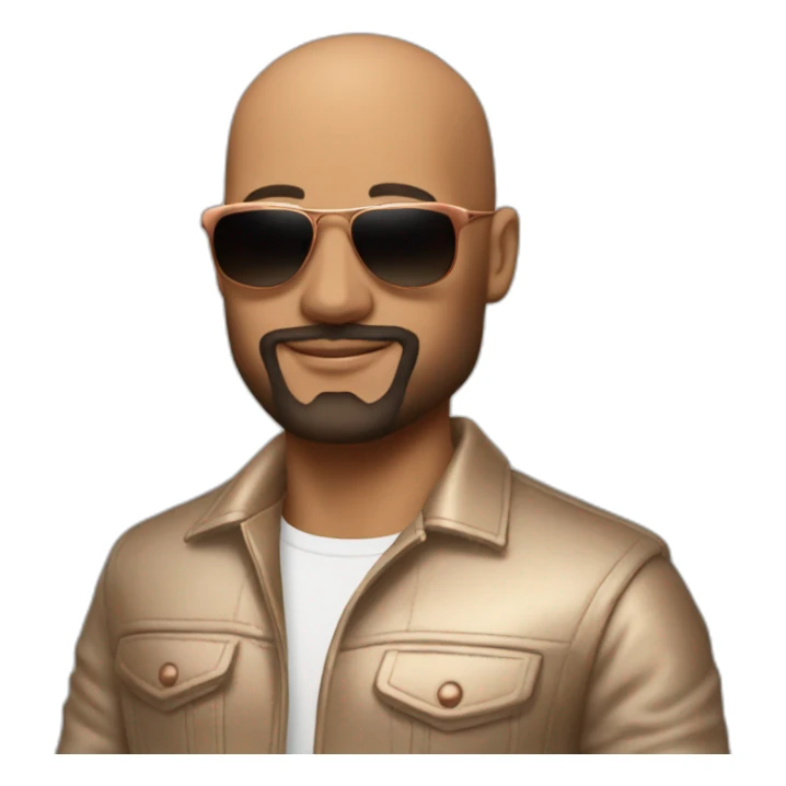 bald man wearing shades and has trimmed beard with normal colored skin standing next to a copper bugatti sticker