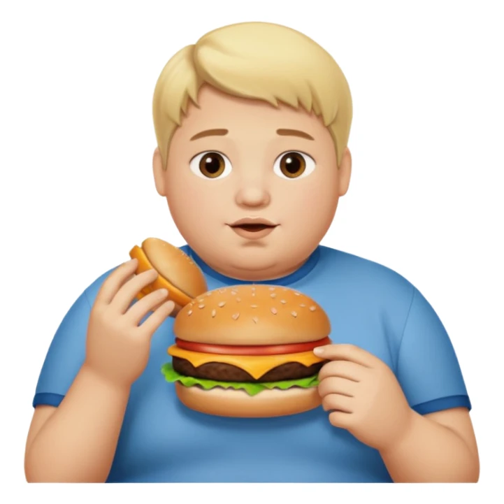 Make a fat blonde 15 year old boy eating a burger with a middle part sticker