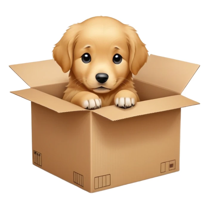  A very cute young Golden Retriever  with one's head tilted to one side poked its paws out of the cardboard big box and placed them on top of it sticker
