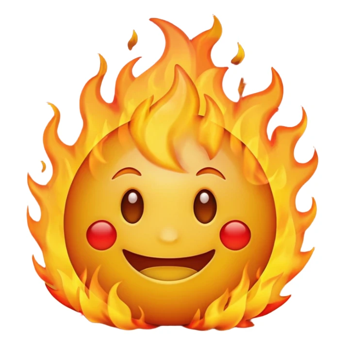 simple smiling yellow emoji in the middle of a big fire sticker