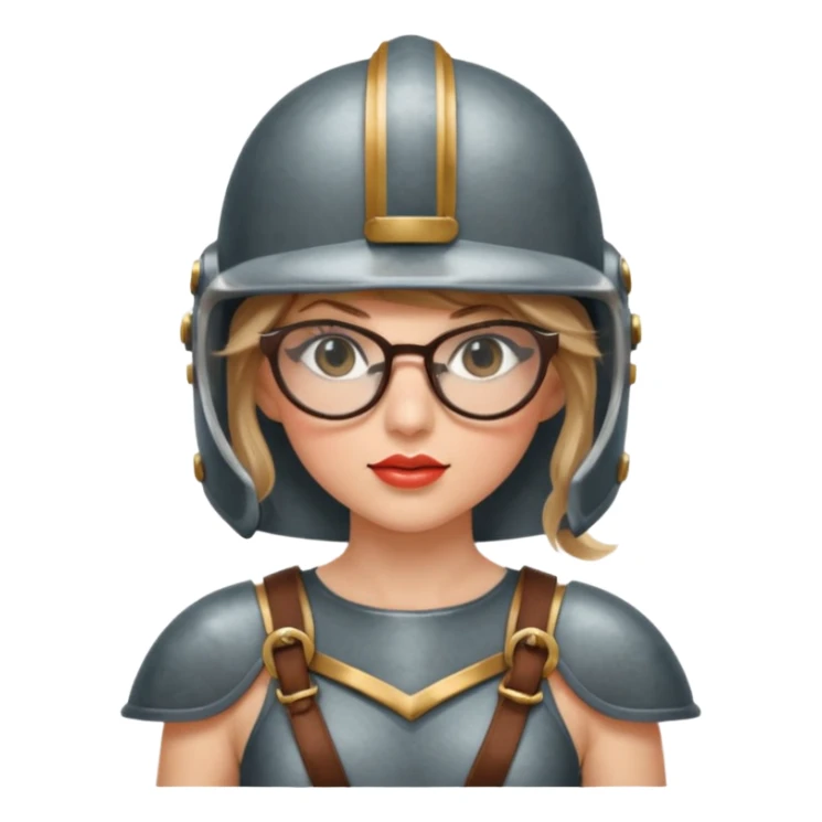 Taylor Swift, wearing gladiator cloth, big round glassed, helmet sticker