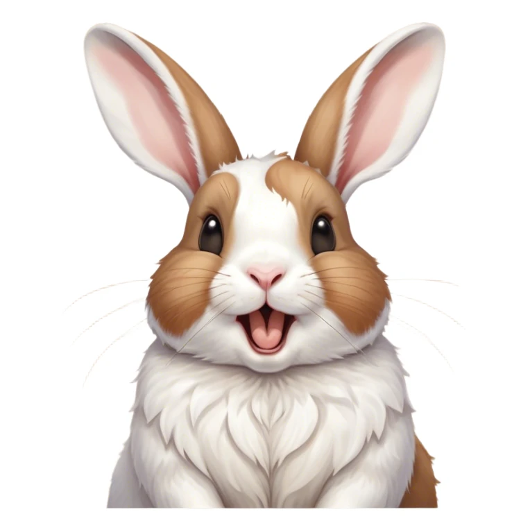 Cinematic Cute Yawning White and Brown Rabbit Portrait Emoji, Head tilted slightly with a dramatic, wide-open yawn, showcasing a soft, patterned fur with crisp white and warm brown patches, floppy ears slightly drooping, round eyes barely open in drowsy contentment, Simplified yet irresistibly adorable features, highly detailed, glowing with a soft, cozy glow, high shine, relaxed yet expressive, stylized with a touch of whimsy, bright and endearing, soft glowing outline, capturing the essence of a sleepy yet affectionate bunny, so drowsy it feels like it could stretch out of the screen and curl up for a nap! sticker