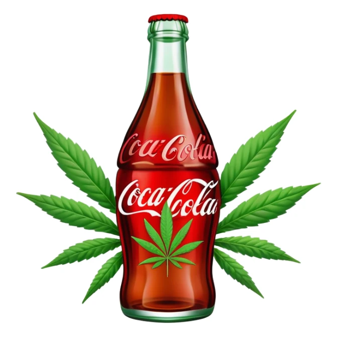 Classic Coca-Cola shaped glass bottle with curved contours, red color, with a cannabis leaf sticker