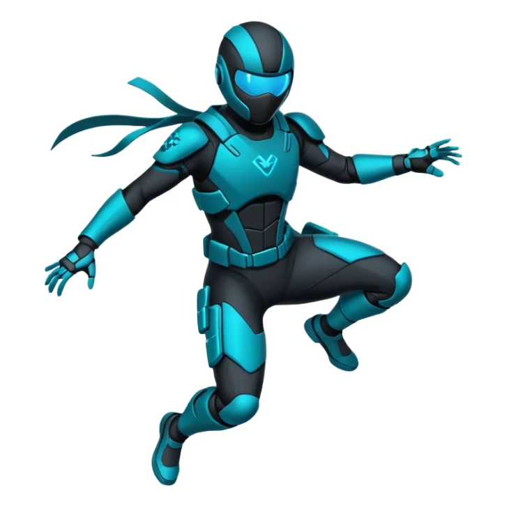 ​"Flat vector sticker, agile cyber-ninja character in a dynamic leap, teal and black tech-suit, glowing accents, die-cut white outline, isolated on white." sticker
