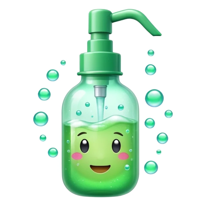 White and green pump bottle glowing with soft bubbles and sparkles. Surrounded by a dewy mist and green aura, symbolizing hydration and gentle cleansing. Potion-like, glossy, emoji-style sticker