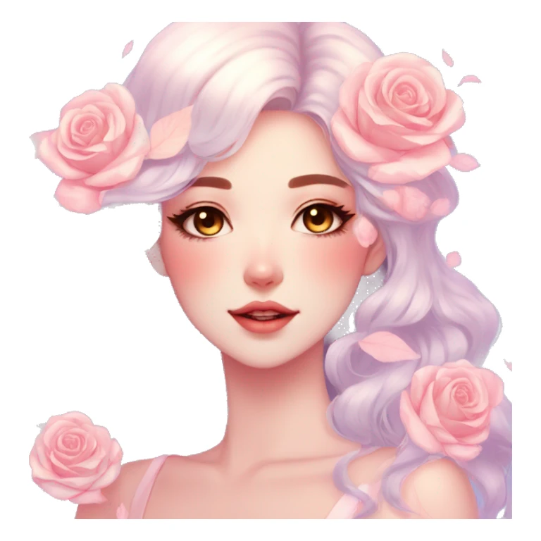 Gorgeous pastel shiny pearly colorful anime style lady with blushing face and roses leaves shiny aesthetic trending style sticker