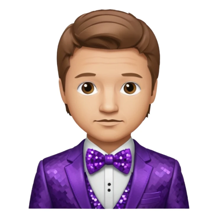 Jeremy Renner with light brown hair, purple sequin suit with bow tie sticker