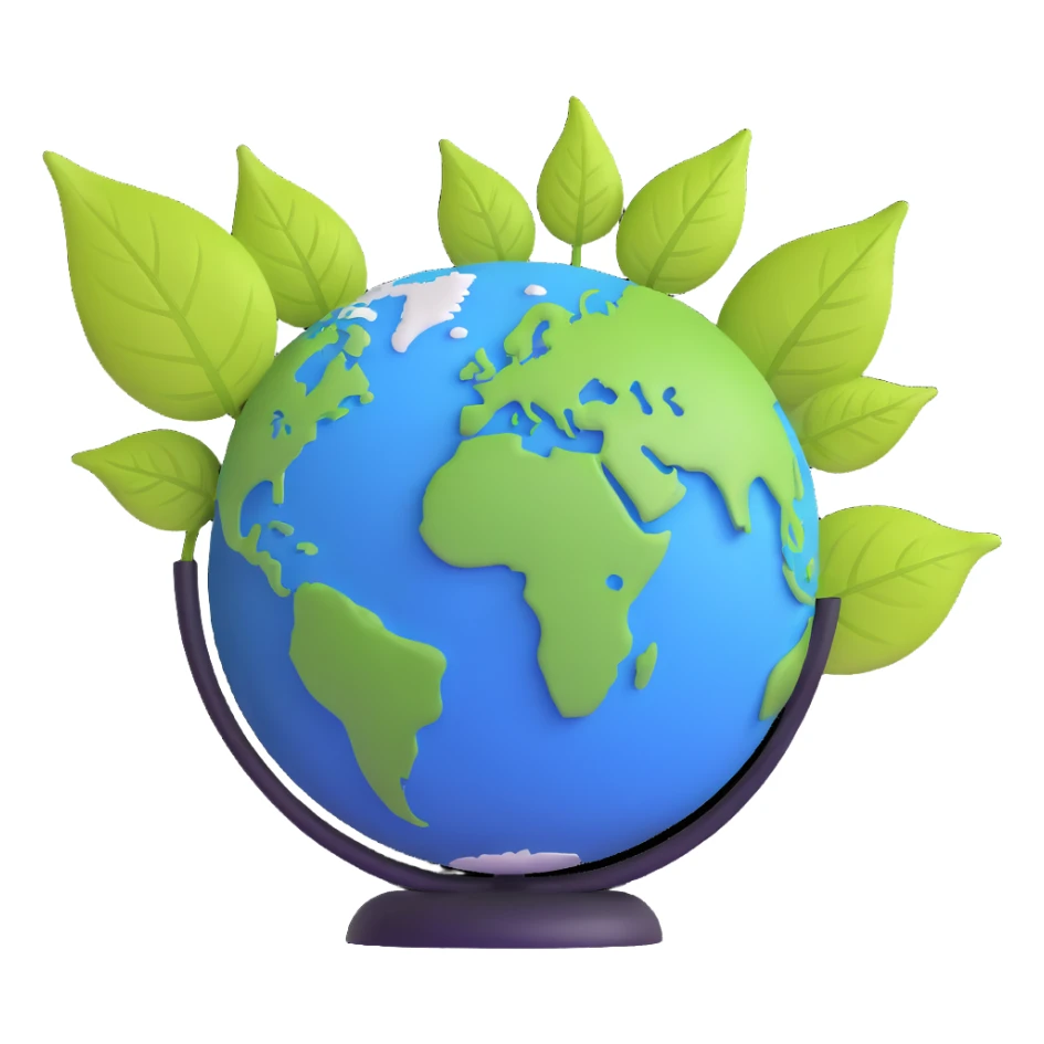 Green leaf on top of a round Earth globe, simple background, soft light sticker