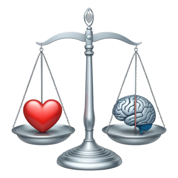 balanced scale with brain on one side and heart on the other side, perfectly balanced sticker