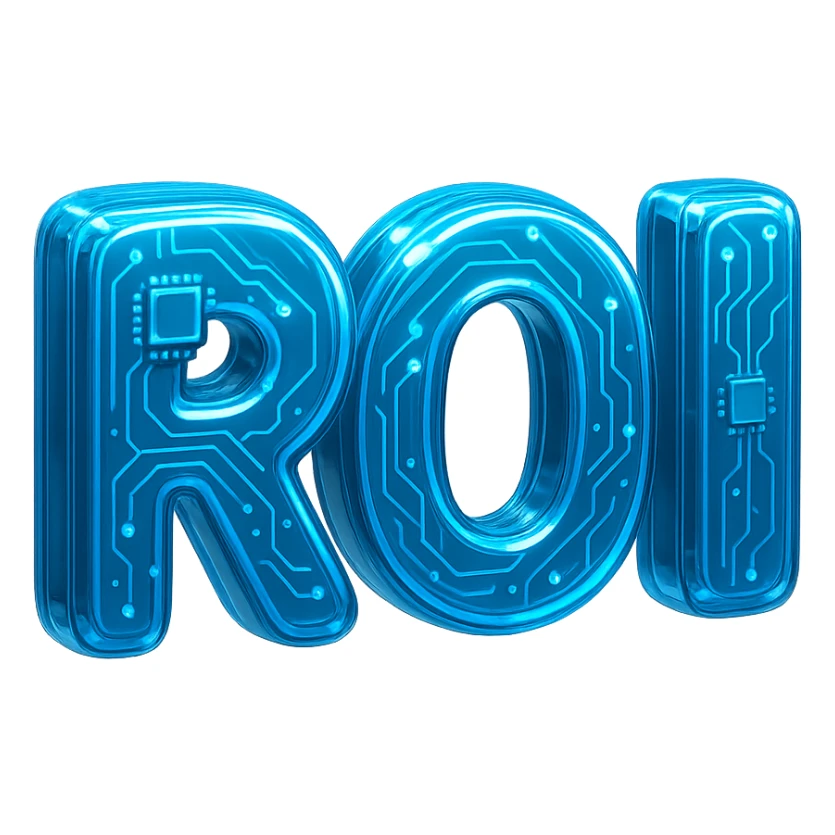 Futuristic 'ROI' typography, glossy circuit style, luminous blue highlights sticker