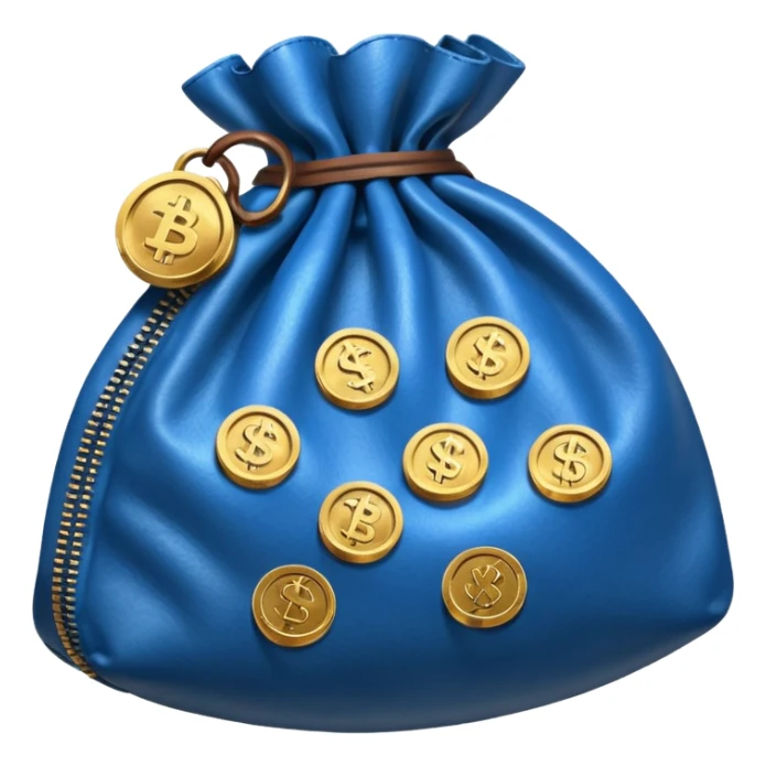 blue coins inside an opened brown money bag  sticker