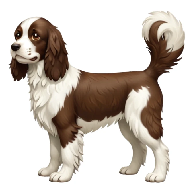 cinematic-[Springer Spaniel]-realistic-full-body-standing-emoji,-tail-resting-loosely-beside-its-paws,-head-tilted-dramatically, -scruffy-[brown and white]-fur,-simplified-yet-realistic-focused-features,-highly-detailed,-glowing-with-an-almost-sarcastic-glow sticker