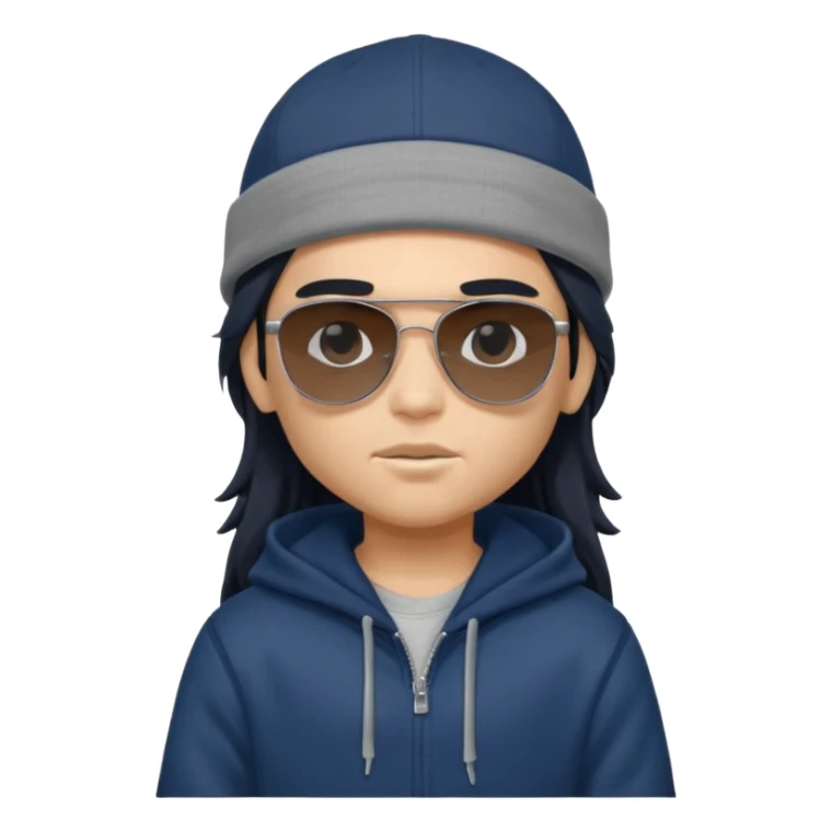 generate a fair pretty bratz boy wearing a dark blue cap with black sunglasses and a grey hoodie

hair black long sticker