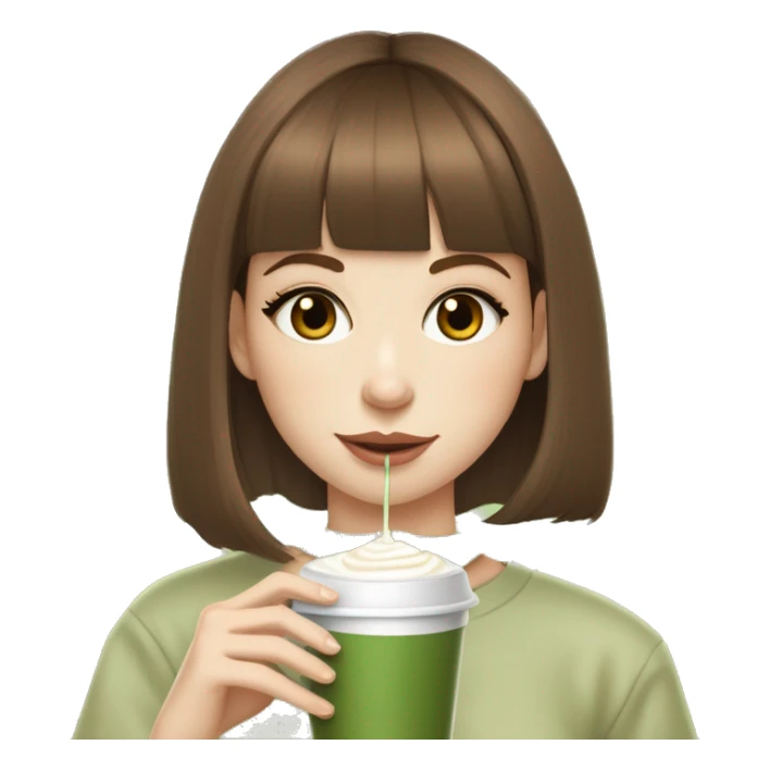 Chestnut brown haired straight haired girl with hazel eyes and bangs  and pale skin sipping a matcha latte, she also has tiny silver hoop earrings in sticker