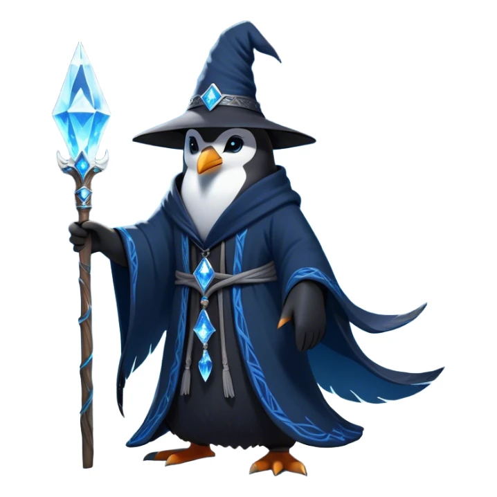 A mysterious penguin mage with sleek midnight-blue feathers, wearing a flowing black robe adorned with silver runes. A tall, pointed wizard hat sits slightly tilted on his head, the brim casting a shadow over his glowing icy-blue eyes. His flipper clutches an ancient wooden staff topped with a swirling crystal, radiating a soft, cold light. Snowflakes drift around him as he stands on a frozen cliff, his aura crackling with arcane energy, ready to summon a blizzard with a flick of his staff. sticker