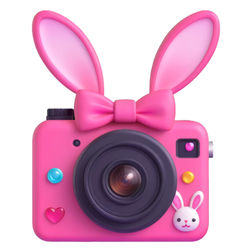 Recreate this exact pink kawaii camera with all the same details including bow, bunny, heart, gem, buttons, and photo coming out in a 3D iOS emoji style. Use soft shading, rounded edges, and glossy highlights to keep the playful and cute look, making it look like a 3D Apple emoji. sticker