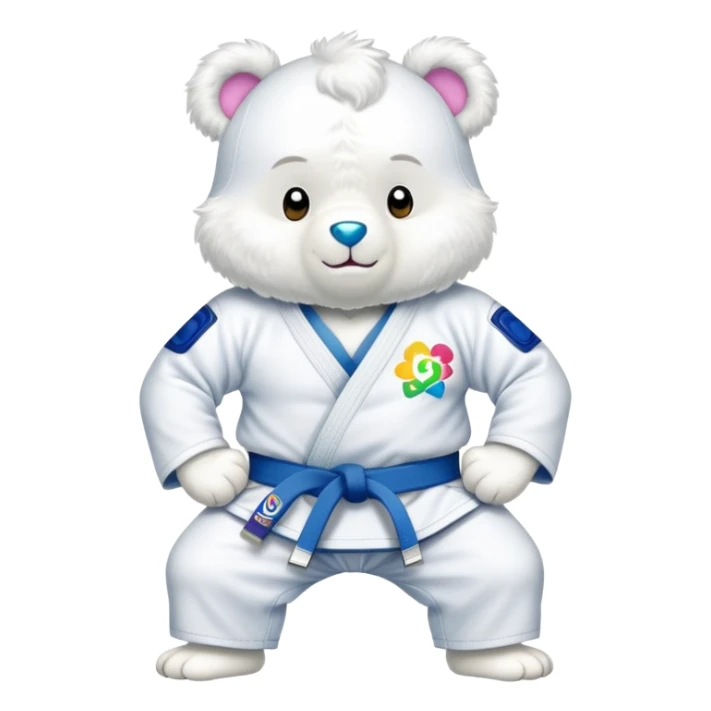 Care bear wearing a jiu jitsu gi with a white belt sticker
