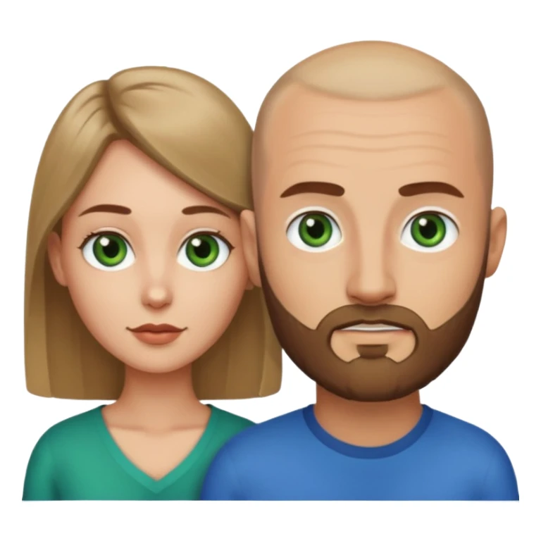 Man on left with shaved head with dark blonde beard and blue eyes, woman on the right with long dark brown hair green eyes  sticker