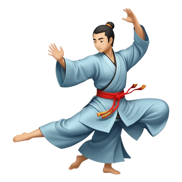 Emblem symbolizing Wushu martial arts. A graceful martial artist performs a dynamic kung fu pose, with flowing movements and a long, elegant robe. The background features stylized clouds and traditional Chinese symbols, representing fluidity, balance, and precision. Transparent background. sticker