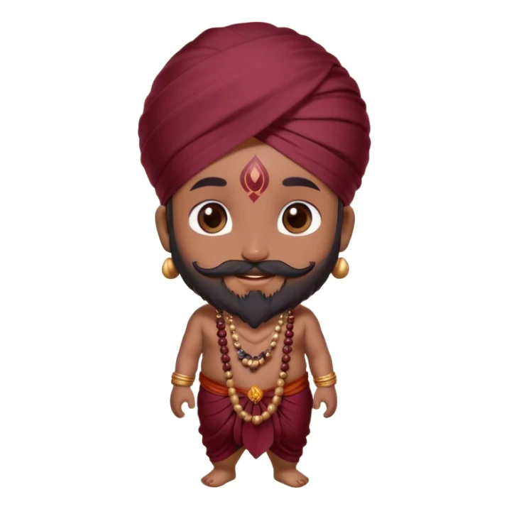 Cute ， shiva ， chibi, happy, sculpture ，Pop Mart ， brown skin, He has a full beard and mustache.He wears a maroon silk dhoti, a maroon turban,  and a long mala of dark brown beads handmade, guru darshan ， He smiles, looking directly at the viewer. dream aesthetic
 sticker